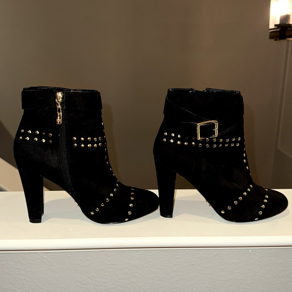 Bebe Suede High Heel Ankle Boots with gold embellished studs